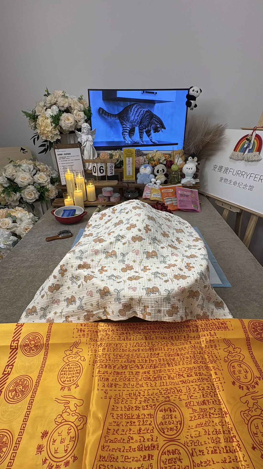 盐城宠物告别仪式中的鲜花与纪念照片
